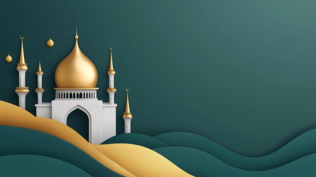 Mosque with golden dome on green paper cut landscape with copy space