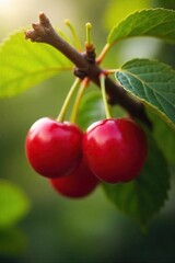 Sunlit Ripe Cherries A Rustic Still Life of Juicy Red Fruit on the Branch, Hints of a Summer Harvest in the Countryside