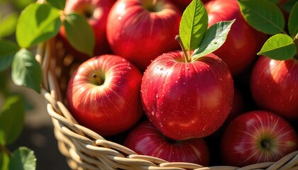 A basket filled with many red apples and green leaves in a close up shot on a sunny day outdoors