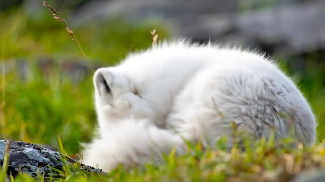 Arctic Fox Resting Peacefully in Lush Green Grass on a Serene Summer Day.