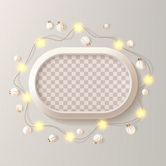 Oval photo frame decorated with wreath of light bulbs and xmas beads. White picture border, vector rounded board. Blank art gallery box with festive star garland. Product podium pastel beige top view