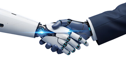 Futuristic Robot and Human Hand Collaboration &mdash; AI Innovation, Technology Trust, and Cybernetic Connection Concept on White Background