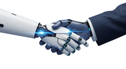 Futuristic Robot and Human Hand Collaboration — AI Innovation, Technology Trust, and Cybernetic Connection Concept on White Background