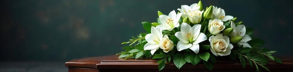 Somber White Lilies and Roses on Dark Wooden Casket Sympathy and Remembrance Floral Arrangement