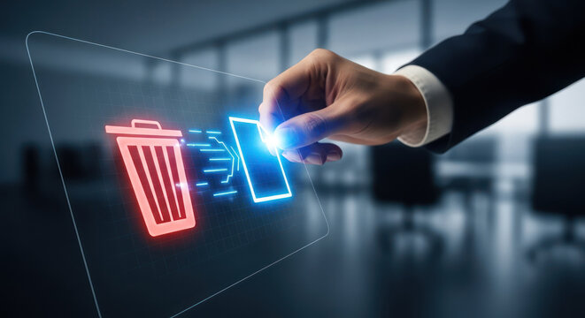 Hand deleting digital information from computer screen delete data concept - Powered by Adobe