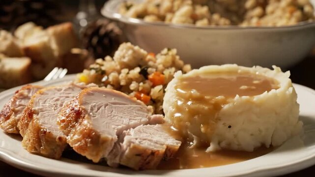 A close-up shot of a delicious plate of sliced turkey, mashed potatoes with gravy, and stuffing perfect for showcasing a classic Thanksgiving meal in recipes and food vlogs