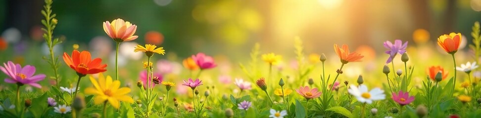 Spring Wildflowers Blooming in Sunlit Meadow Peaceful Renewal and Growth