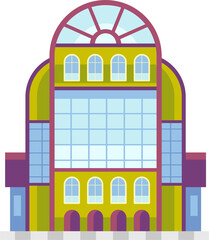 Pixelated Building Facade With Glass Windows and Arched Top on Transparent Background