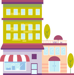 Colorful Pixelated Buildings Illustration with Transparent Background and Green Trees