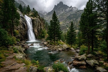 Majestic Waterfall Cascading Down Mountainside into a Mountain Stream