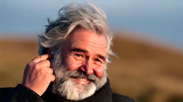 Happy senior man adjusting hearing aid in ear, enjoying improved sound quality outdoors. Modern hearing solution for hearing loss footage.