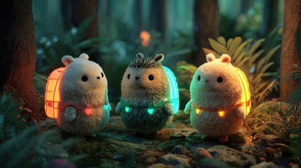 Three furry, glowing creatures resembling hamster/hedgehog hybrids in a whimsical forest setting, each emitting a different colored light