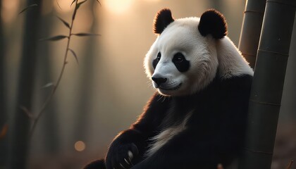 Portrait of a panda bear resting against bamboo stalks in a softly lit forest environment outdoors
