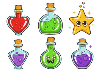 A set of 6 colorful potion bottles — heart potion, green slime potion, star potion, spooky eyes potion, and bubbly purple potion — cartoon illustration, glossy highlights, white background.