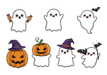 A collection of 6 adorable ghosts — one holding candy, one waving, one hiding in a pumpkin, one with a witch hat, and one playing with a bat — cartoon illustration, white background, soft edges.