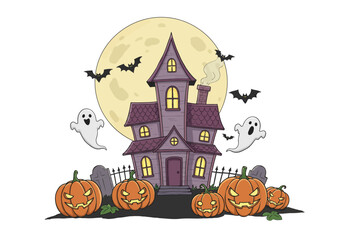 A set of 6 elements — cute haunted house, full moon, bats, ghosts, and pumpkins — cartoon illustration with white background, soft color palette, child-friendly spooky style.