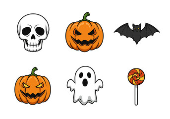 A set of 6 flat cartoon icons — skull, pumpkin, ghost, bat, and candy — with bold outlines and minimal shading, Halloween theme, white background, perfect for web or app use.