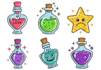A set of 6 colorful potion bottles — heart potion, green slime potion, star potion, spooky eyes potion, and bubbly purple potion — cartoon illustration, glossy highlights, white background.