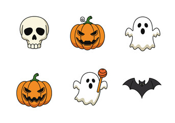 A set of 6 flat cartoon icons — skull, pumpkin, ghost, bat, and candy — with bold outlines and minimal shading, Halloween theme, white background, perfect for web or app use.