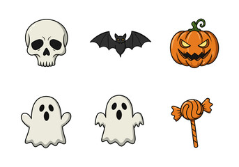 A set of 6 flat cartoon icons — skull, pumpkin, ghost, bat, and candy — with bold outlines and minimal shading, Halloween theme, white background, perfect for web or app use.