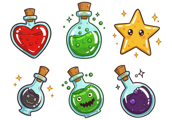A set of 6 colorful potion bottles — heart potion, green slime potion, star potion, spooky eyes potion, and bubbly purple potion — cartoon illustration, glossy highlights, white background.