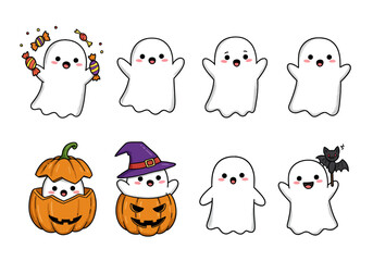 A collection of 6 adorable ghosts — one holding candy, one waving, one hiding in a pumpkin, one with a witch hat, and one playing with a bat — cartoon illustration, white background, soft edges.