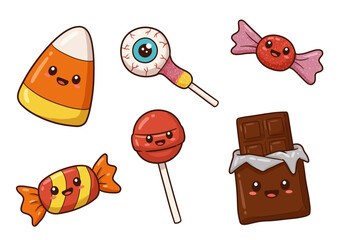 A set of 6 colorful Halloween candies — candy corn, eyeball candy, lollipop, chocolate bar, and gummy bat — cartoon illustration, white background, cheerful and playful design.