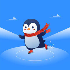 Cute Penguin Ice Skating on Frozen Lake – Flat Winter Cartoon Vector Illustration