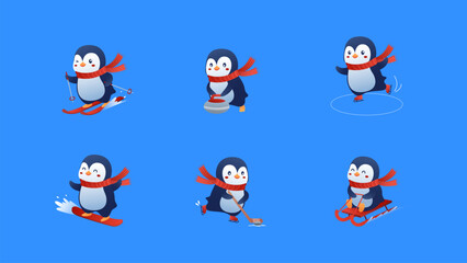 Winter Sports Penguin Vector Illustration Set – Cute Flat Cartoon Character Playing Ski, Snowboard, Curling, Skating, Hockey, Sledding