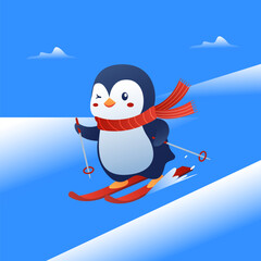 Cute Penguin Skiing in Winter – Flat Vector Cartoon Illustration