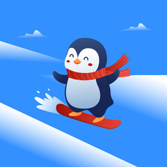 Penguin Snowboarding Down Snowy Hill – Cute Flat Winter Vector Illustration