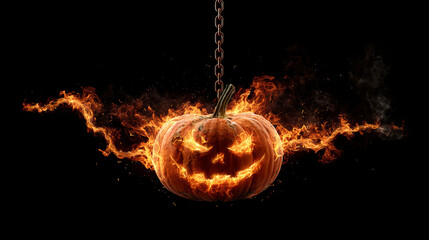 Halloween pumpkin with burning flames hanging on chain creates spooky and thrilling atmosphere