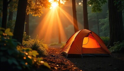 An orange tent glows in the forest with sunlight streaming through the trees at golden hour light
