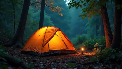 Illuminated orange tent nestled among trees in a forest at dusk with a candle nearby outdoors