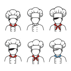 Six chef hat icons with different scarves for culinary professionals and food service industry vector on white background