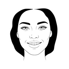 Close up portrait of a smiling woman with dark hair and expressive eyes line drawing vector on white background