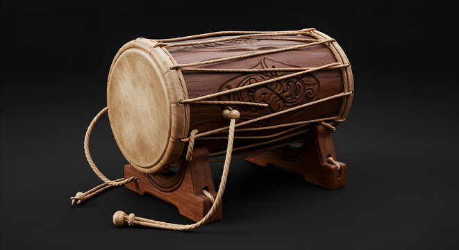 Traditional Indonesian bedug drum made of carved wood and leather on a wooden stand, isolated studio shot.