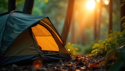 A camping tent in the forest during a rain shower with sunlight shining through the trees behind it
