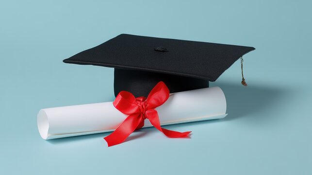 Graduation Cap and Diploma Roll with Red Ribbon on Blue Background