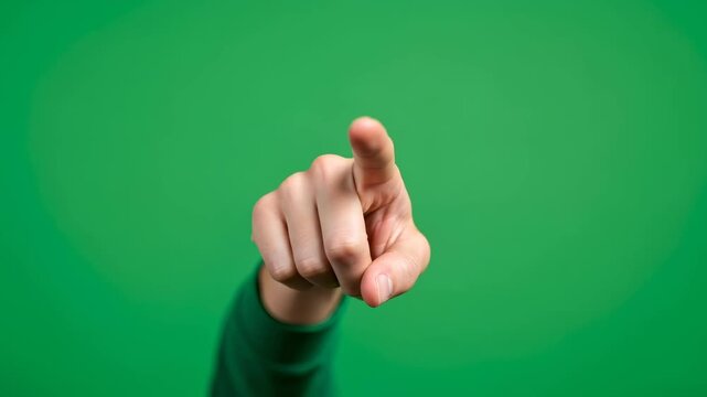 Woman showing an angry fist, then pointing with finger toward the camera on green screen chromakey footage
