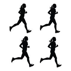 Dynamic silhouettes of a female runner capturing motion and athleticism in four distinct poses for sports and fitness visuals silhouette