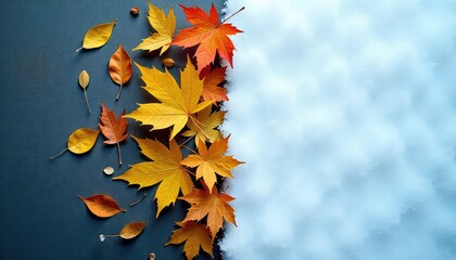 Autumn leaves in various colors arranged next to a snow covered surface on a dark background scene image