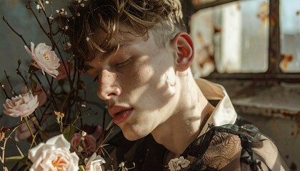 Young Man with Freckles Posing with Pink Roses in Rustic Setting