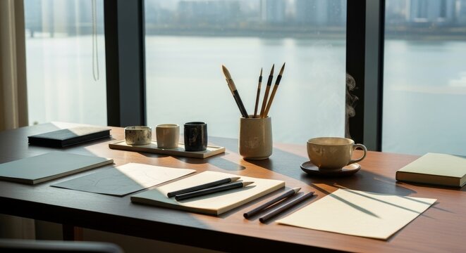 Minimalist artist workspace with paintbrushes in ceramic holder drawing paper and coffee cup by window with water view natural lighting creative studio setup