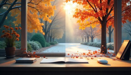 Cozy autumn scene through window with open book and flowers on desk creating a serene atmosphere