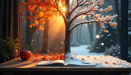 A split season tree view from a window with a notebook and an apple on a wooden table indoors