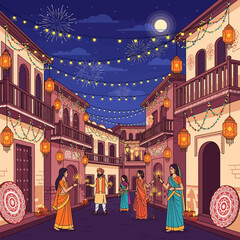 Festive street scene at night, with people celebrating, fireworks, and decorative lights.
