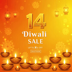 Diwali sale promotion with decorative lamps, floral patterns, and a discount offer on a vibrant orange background.