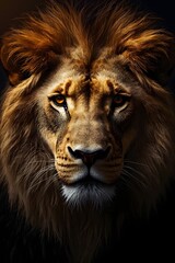 Fototapeta premium Highly detailed majestic lion portrait with intense golden eyes and rich textured mane captured against a dark background for wildlife and artistic design