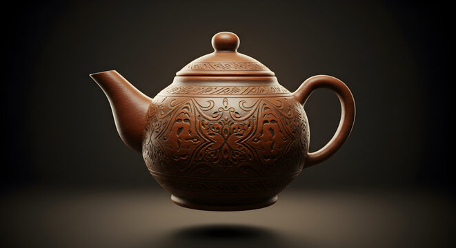 An elegant earthenware tea pot displaying rich ethnic patterns and rustic textures, perfect for tea ceremony concepts